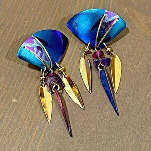 Holly Yashi Earrings Niobium Anodized Dangle Studs Teal Purple Signed 80s/90s